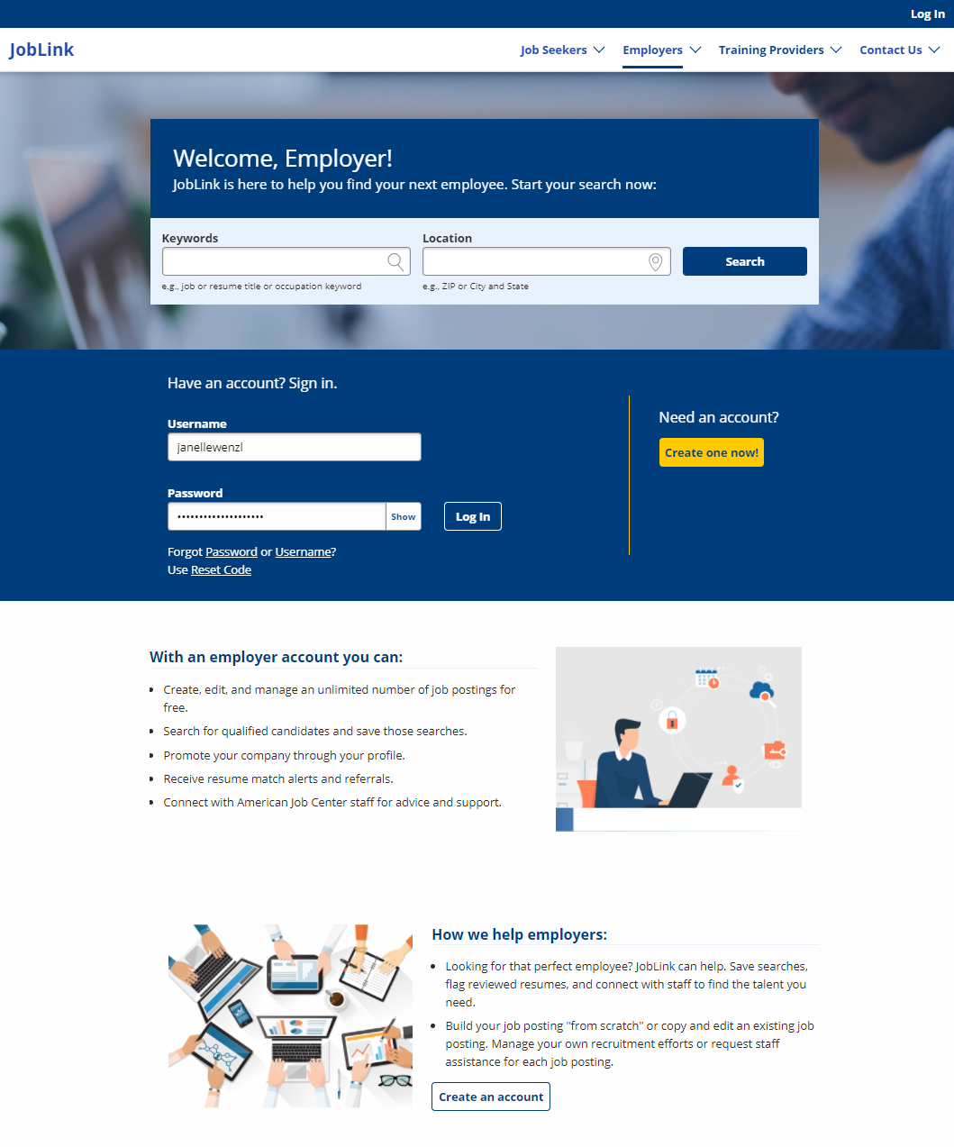 Screenshot of the Employer Landing page, which has a resume search, fields for username and password, and text on the benefits of the account.