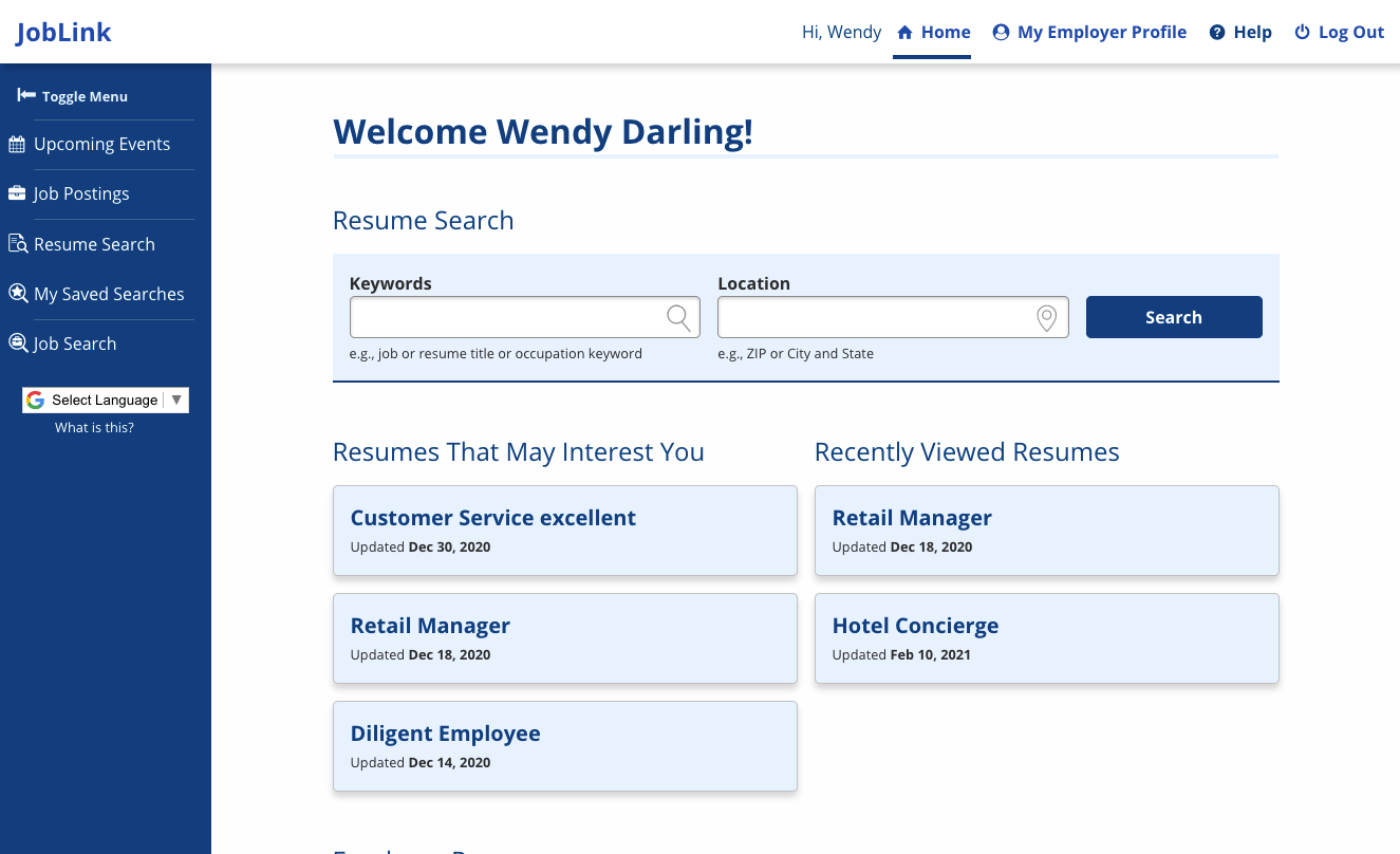 Screenshot of the Employer Home page, which has a resume search and tiles of recommended resumes