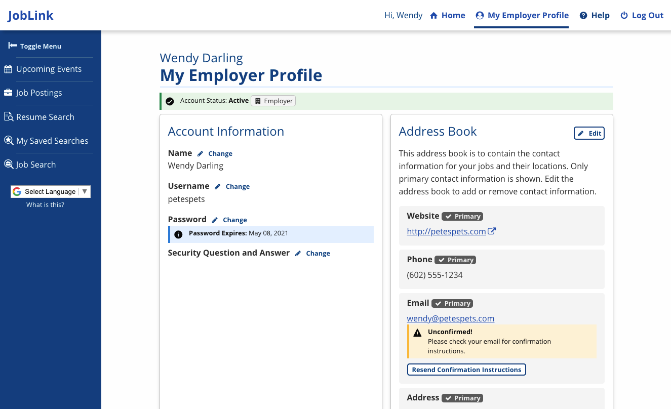 Screenshot of the Employer's Profile page where you can change your contact info