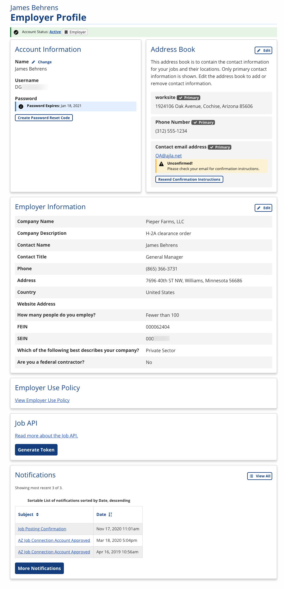 Employer User Profile screenshot
