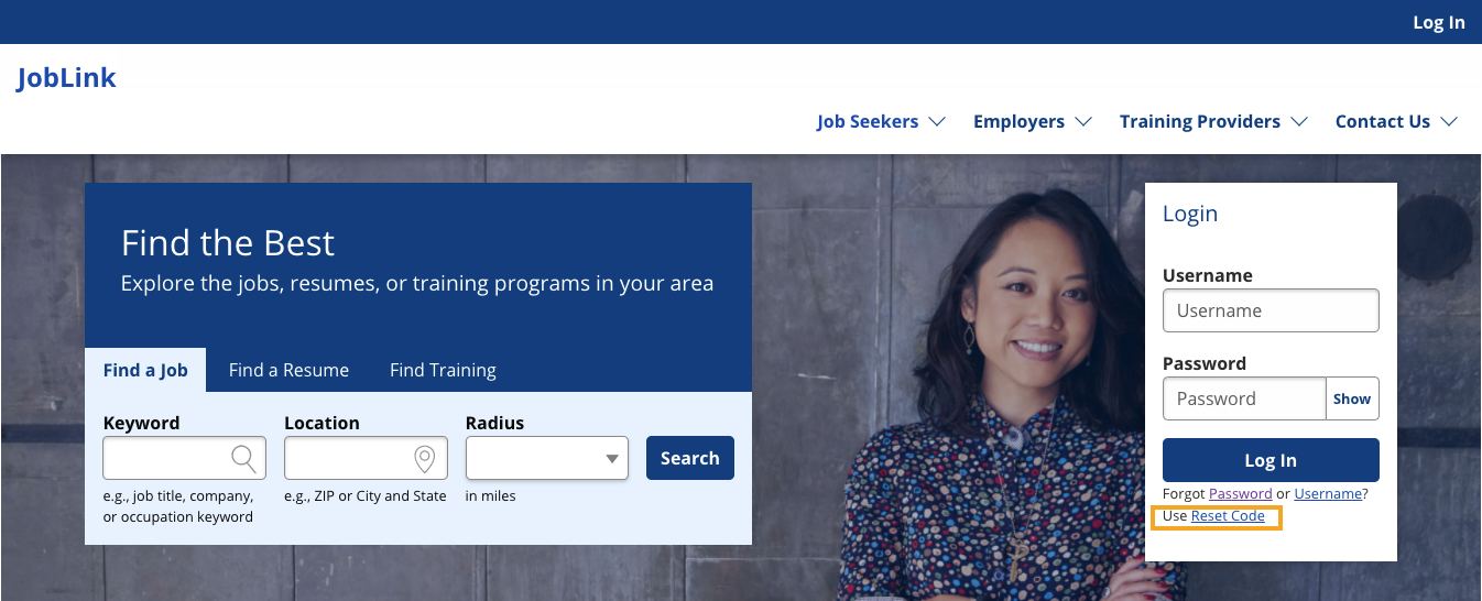 Home page screenshot with box around Use Reset Code text in the login area