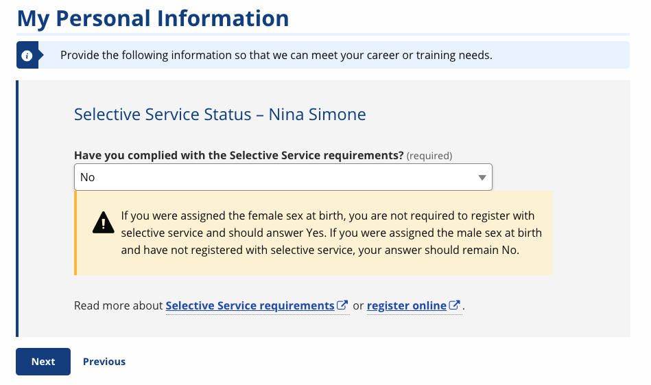 Selective Service Status screenshot