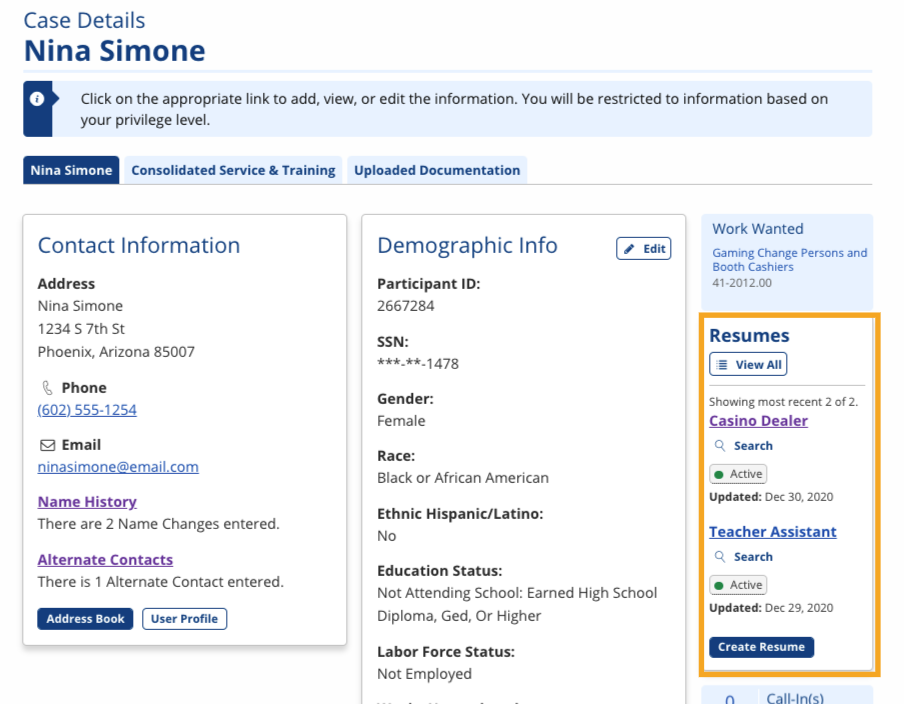 View of Resumes tile in Case Details