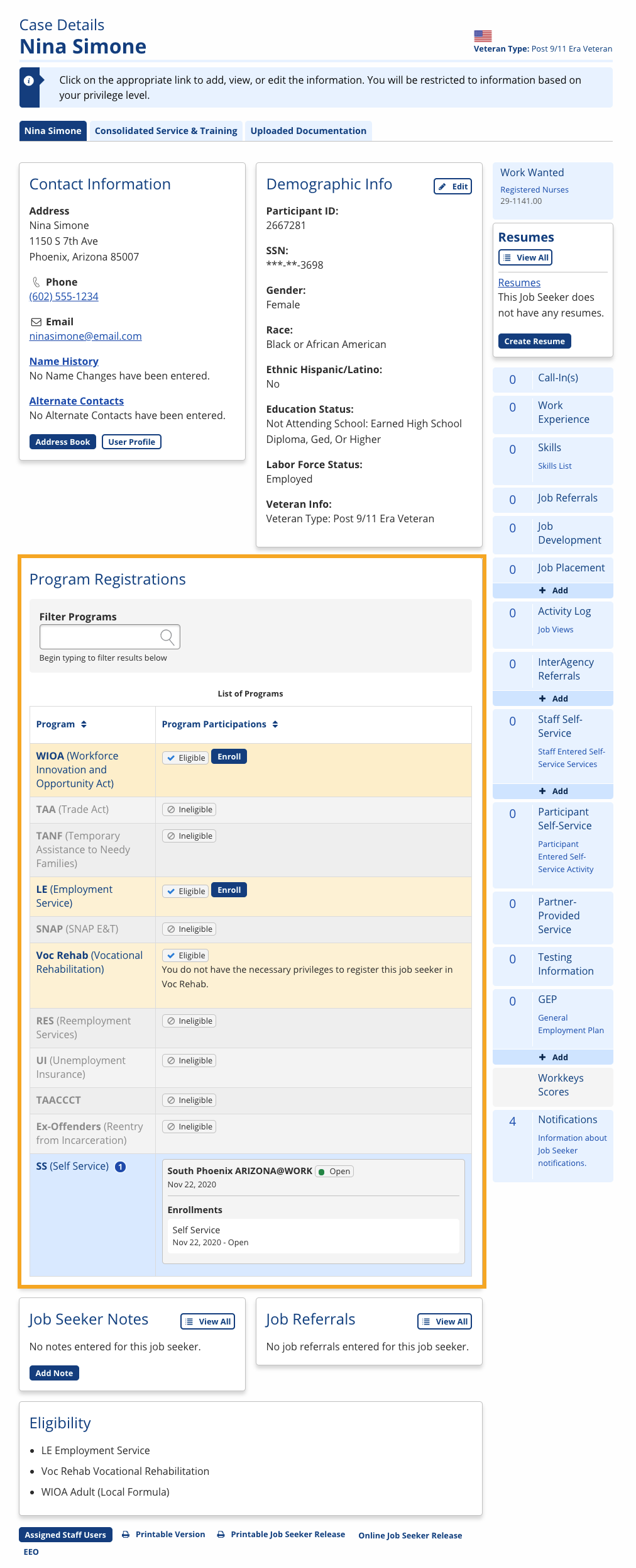 Screenshot of the Case Details page, with a box around the Program Registrations section