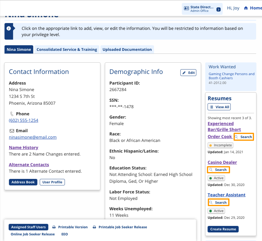 Resume Search in the Resumes tiles of Case Details screenshot