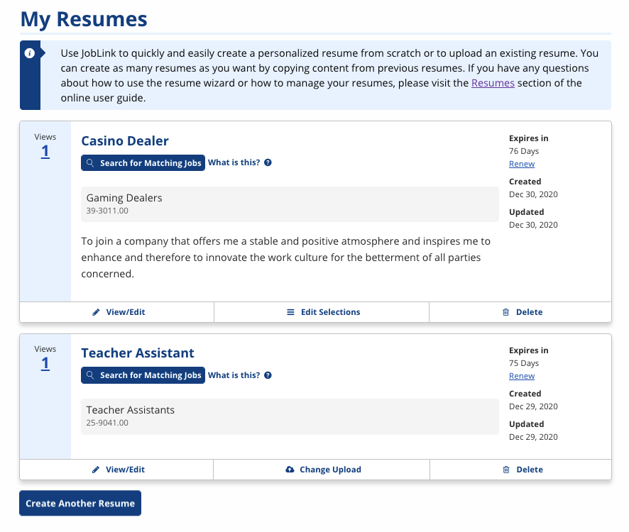 Staff view of My Resumes screenshot