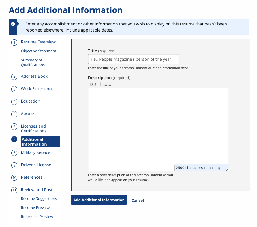 Add Additional Information Screenshot