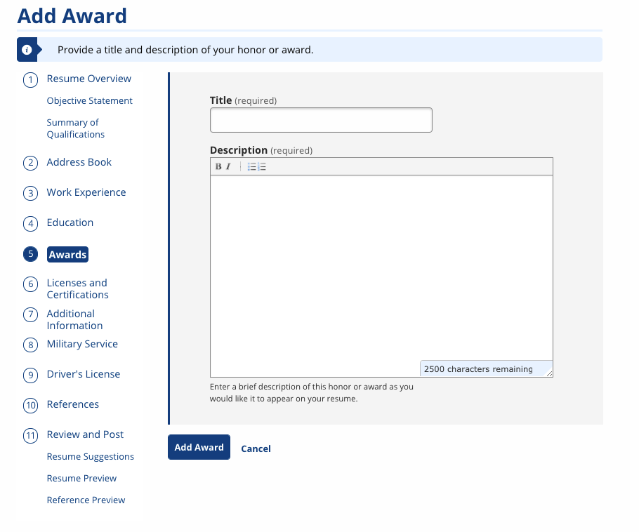 Add Award Screenshot