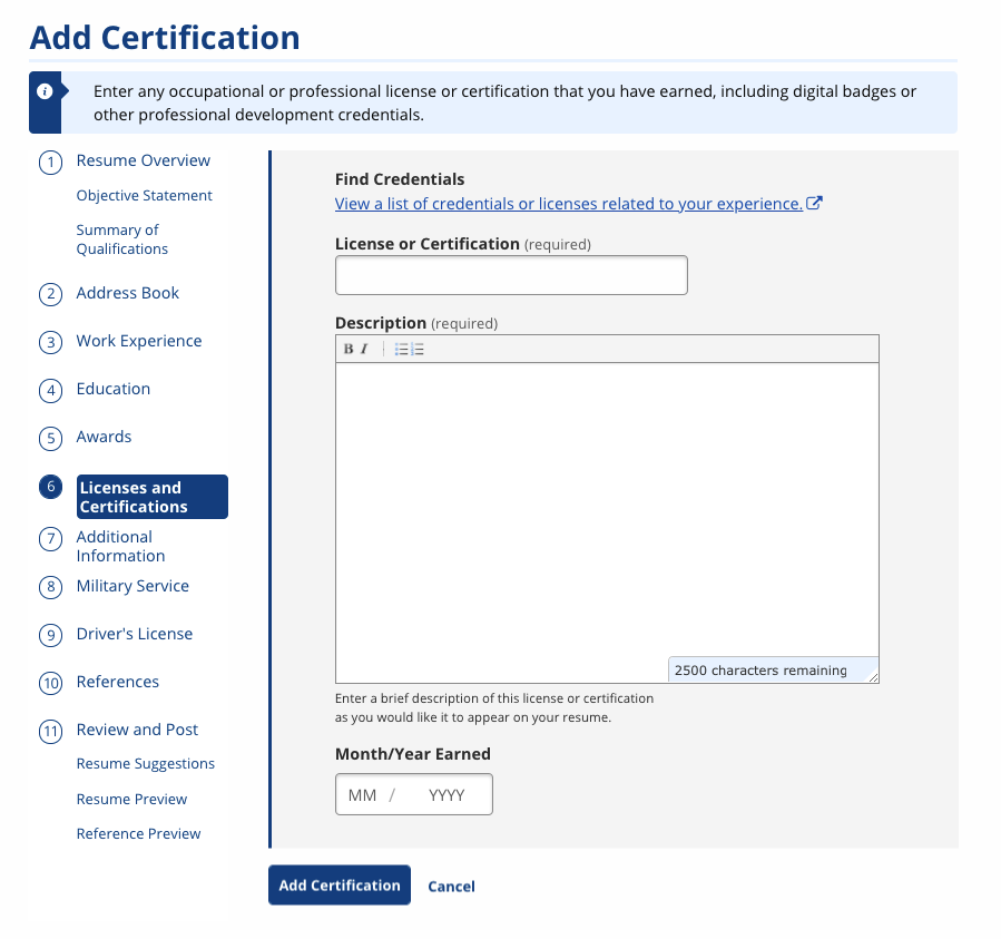 Add Certification Screenshot