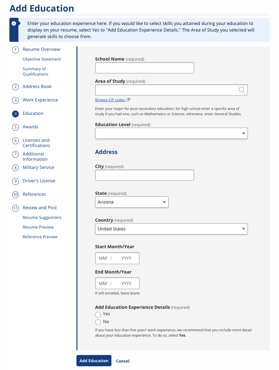 Add Education screenshot