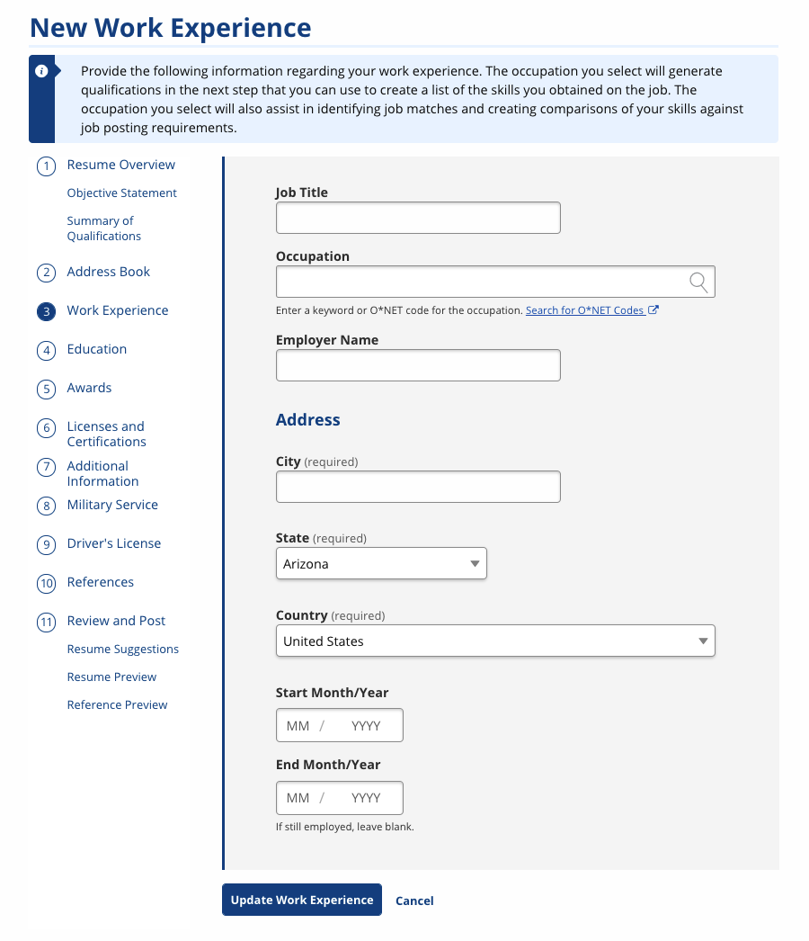 List of Work Experience entries
