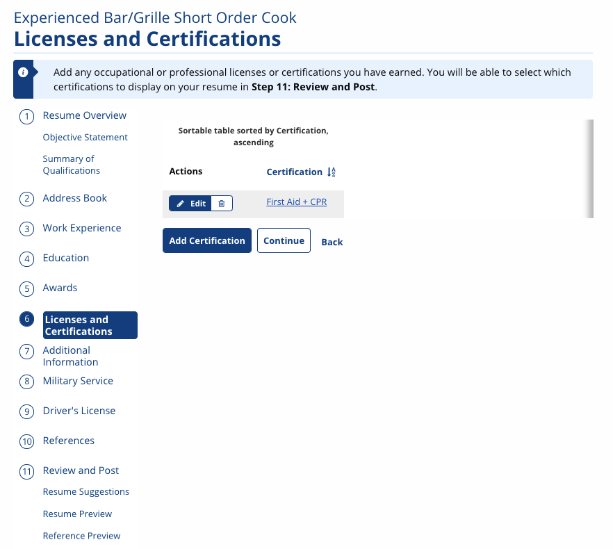 Licenses and Certifications Screenshot