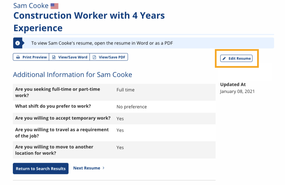 View of Edit button in Resume Details