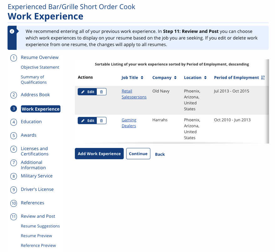 List of Work Experience entries