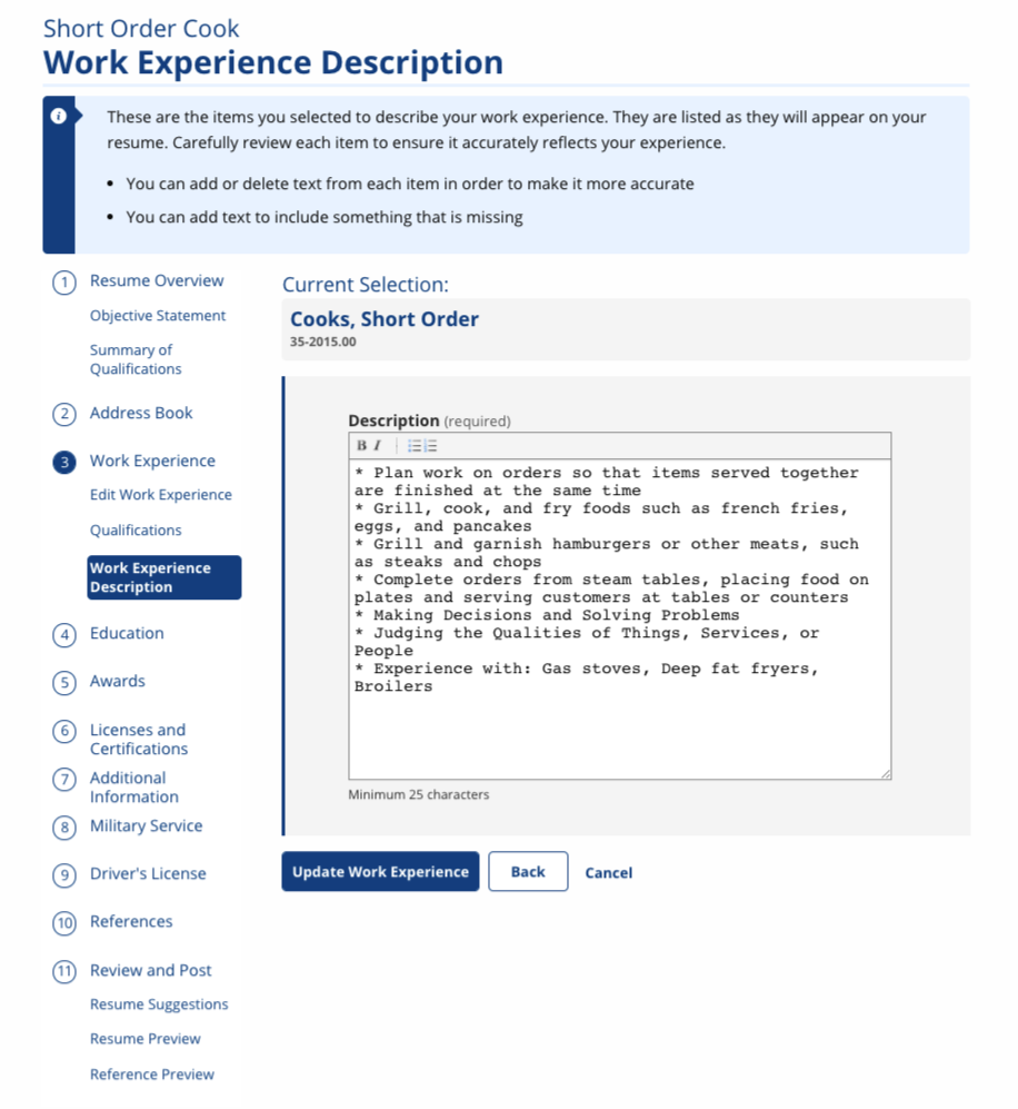 Work Experience Description Screenshot