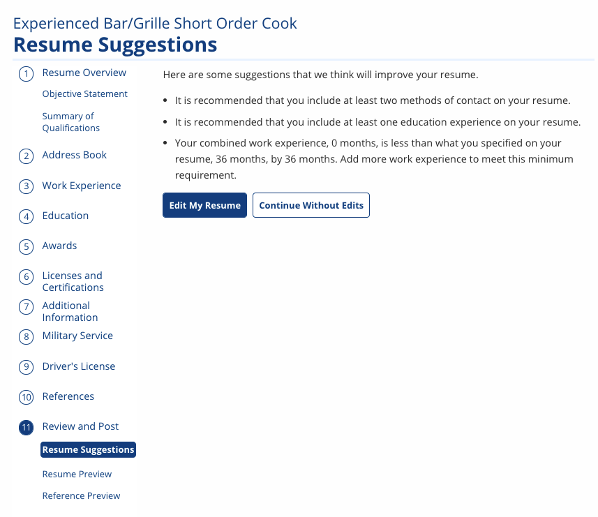 Resume Suggestions Screenshot