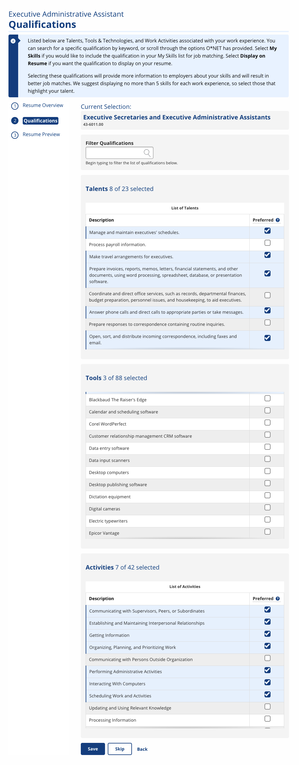 Resume Upload Qualifications screenshot