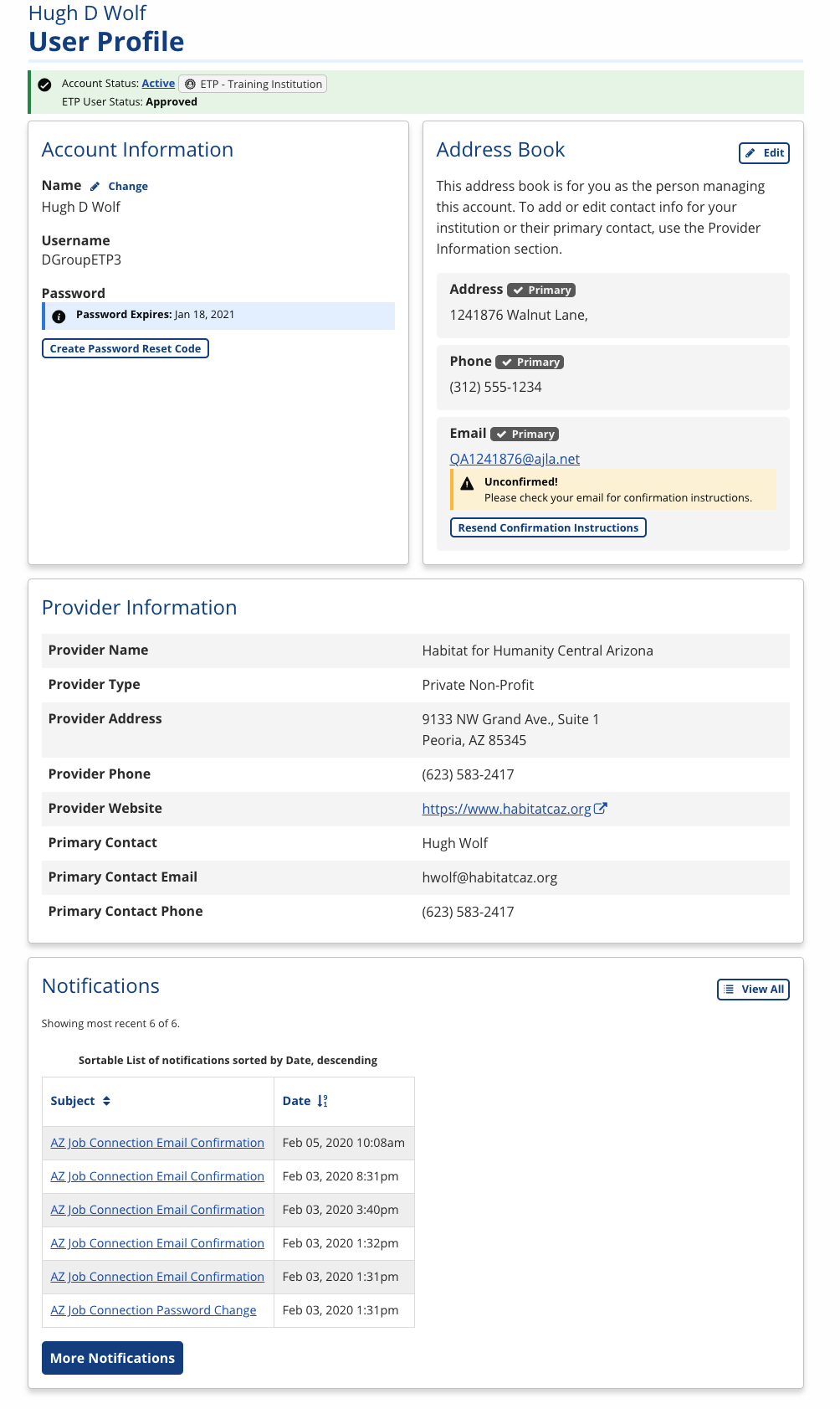 Trainig Provider User Profile screenshot