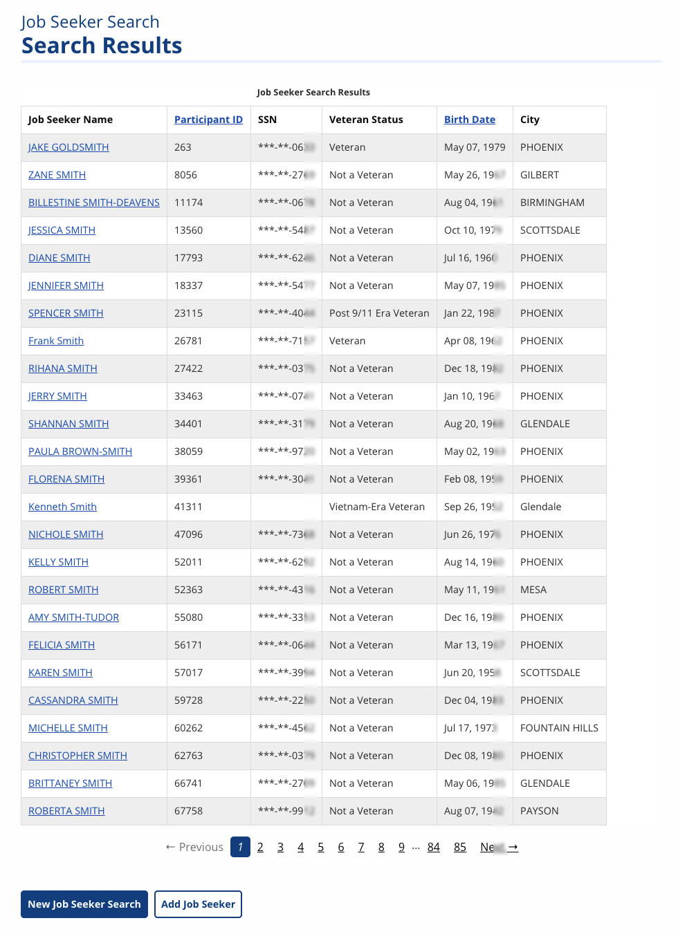 Job Seeker Search Results screenshot