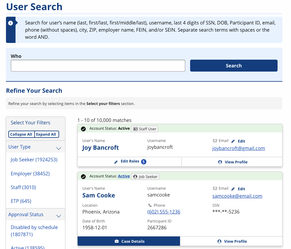 User Search screenshot