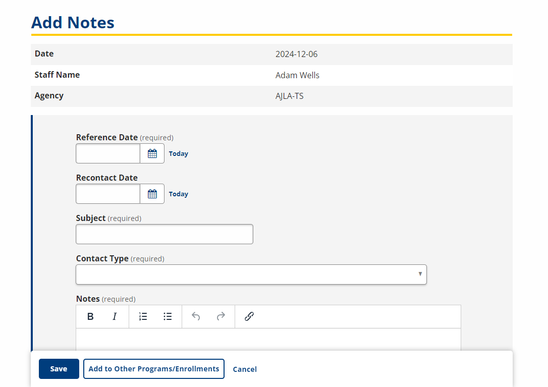 Enrollment Details screenshot with orange boxes around Enrollment Notes