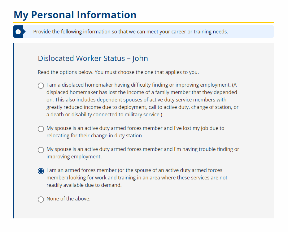 Dislocated Worker Status screenshot