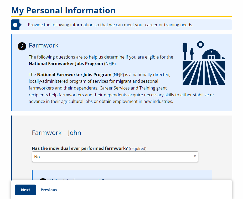 Screenshot of the Farmworker Status page, which asks whether the job seeker has participated in migrant or seasonal farmwork or is the dependent of someone who has.