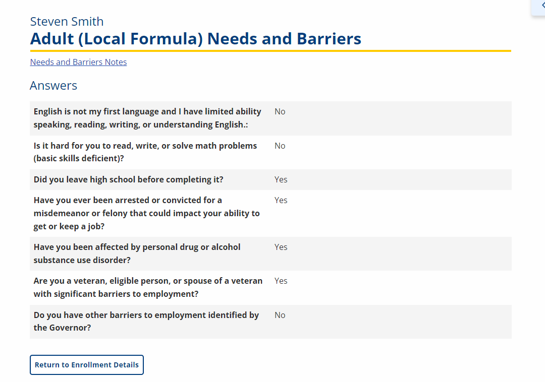 Needs and Barriers Snapshot screenshot