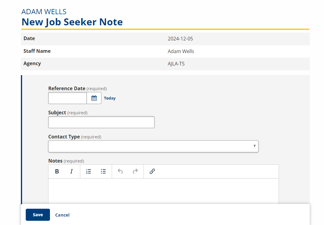 New Job Seeker Note screenshot
