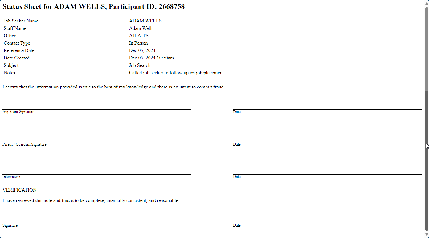 Print View of a job seeker note, with signature lines