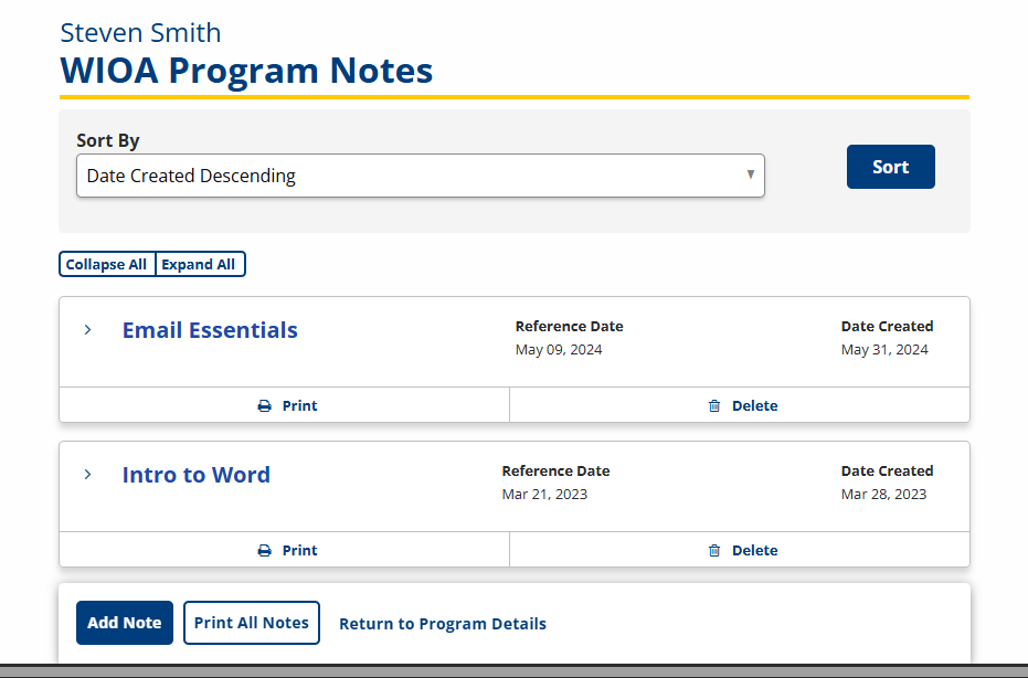 View all enrollment notes